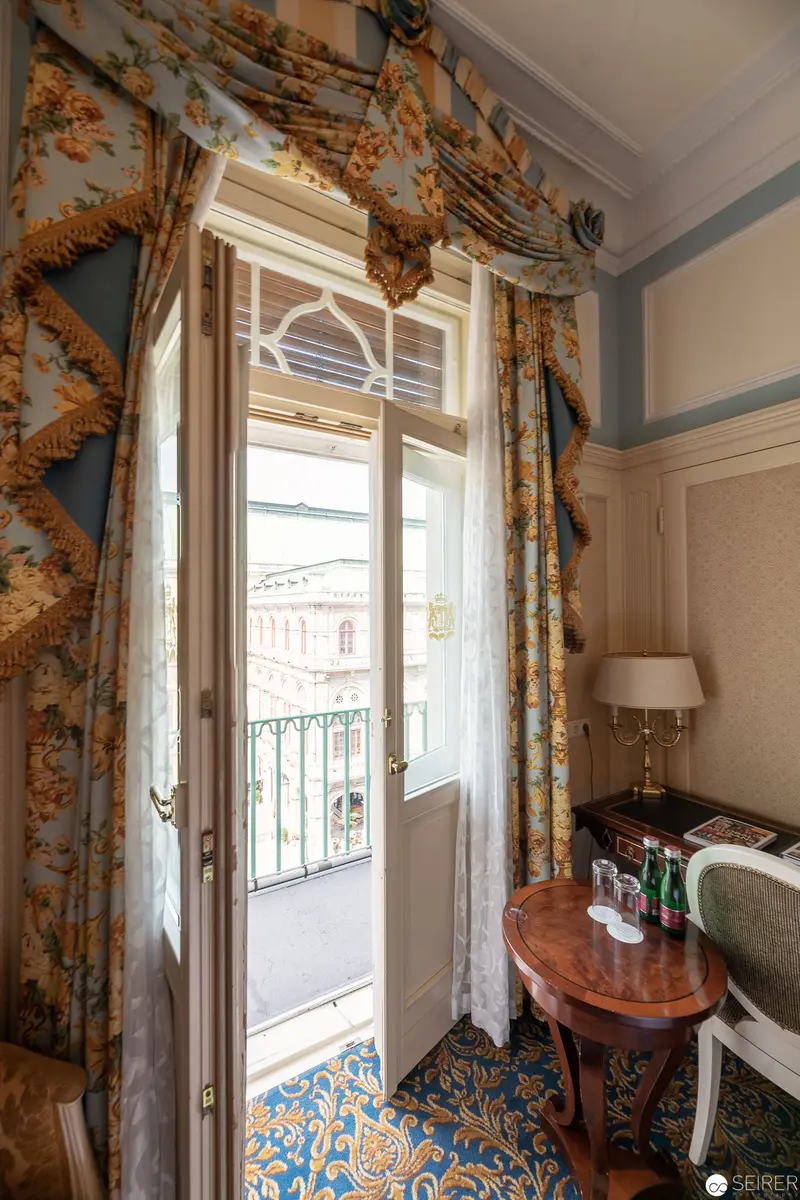 Interior of Ornate Hotel Room with French Doors at Bristol Hotel, Vienna