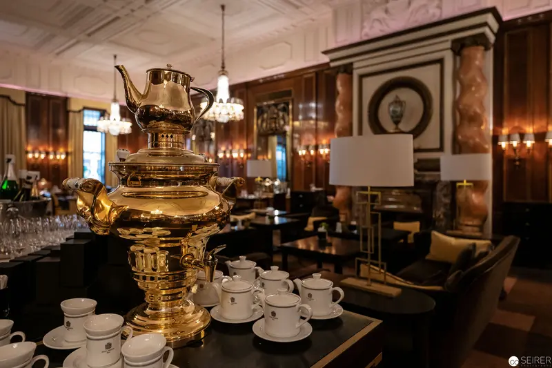 Gilded Samovar and Tea Service in Ornate Hotel Bristol Vienna Interior