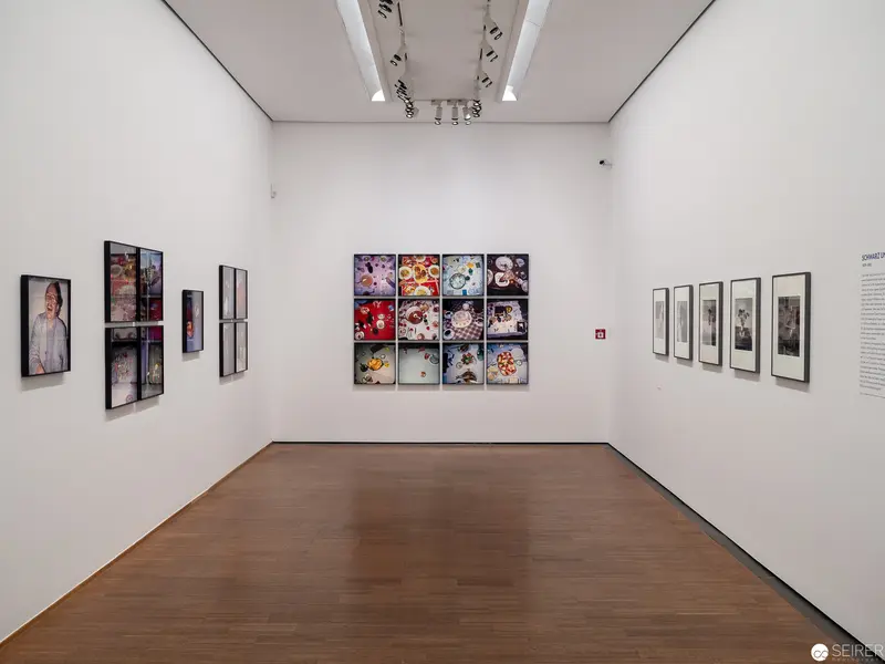 Gallery Interior with Gridded Photographic Display and Diverse Artwork Arrangement