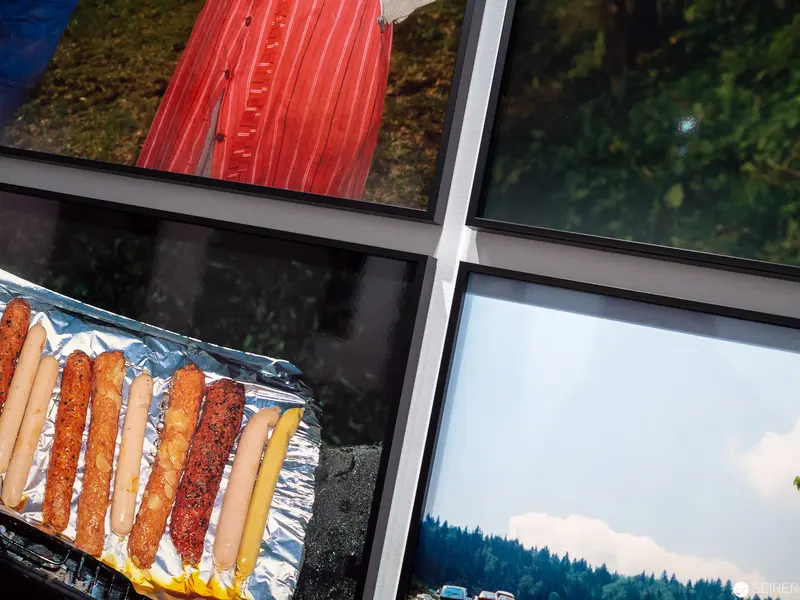 Culinary Quadrants: Grilled Sausages and Fragmented Window Views