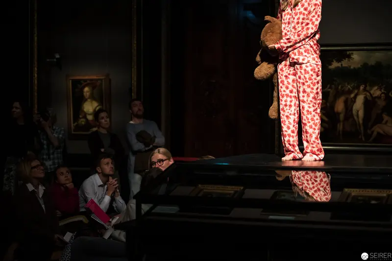 Performer in Red Polka Dot Pajamas with Teddy Bear at Ganymed In Love 2019