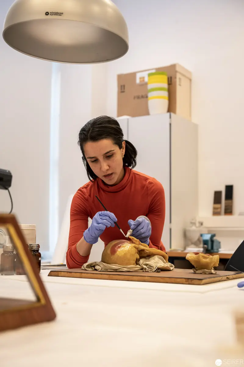 Conservator in Red Sweater Carefully Examining Artifact Under Archival Lighting