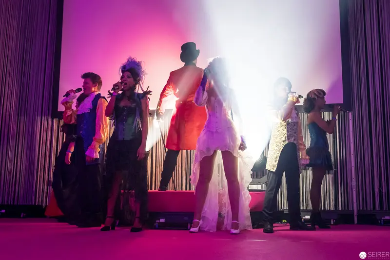 Performance Ensemble Silhouetted Against Vibrant Pink Stage Lighting