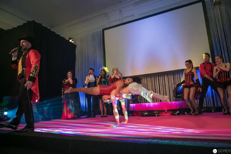 Performance Stage Choreography with Dancer in Dramatic Red and Pink Lighting
