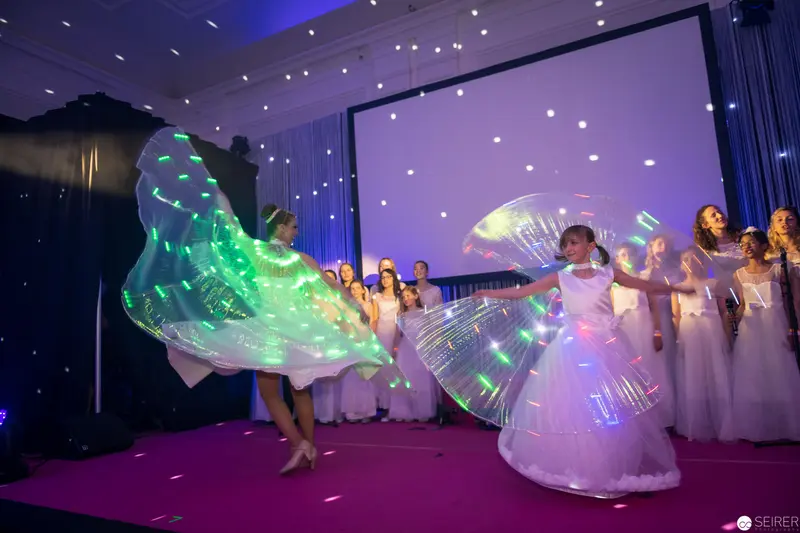 Luminescent Ballet Ensemble Performing with Glowing Butterfly Wing Props