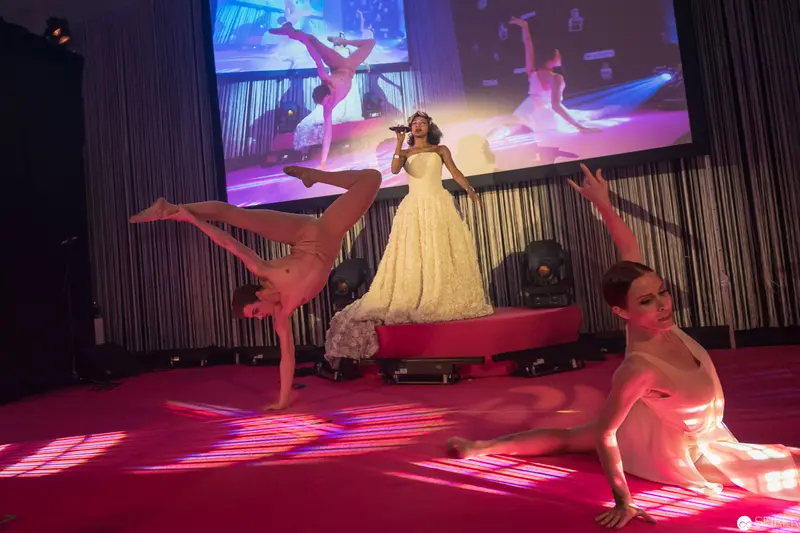 Performance Stage Choreography with Dancer in Yellow Gown and Acrobatic Performers