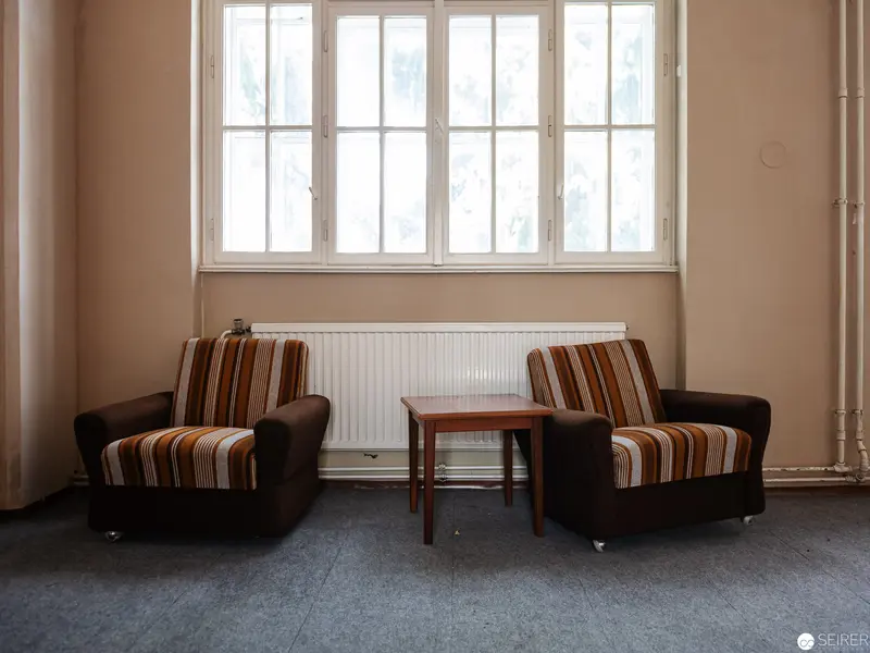 Mid-Century Minimalist Interior with Striped Armchairs and Wooden Side Table