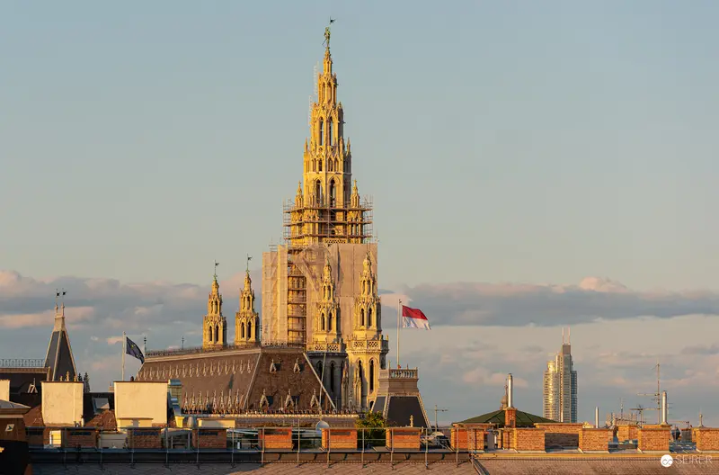 Historic Antwerp City Hall and Cathedral at Golden Hour with Modern Skyline
