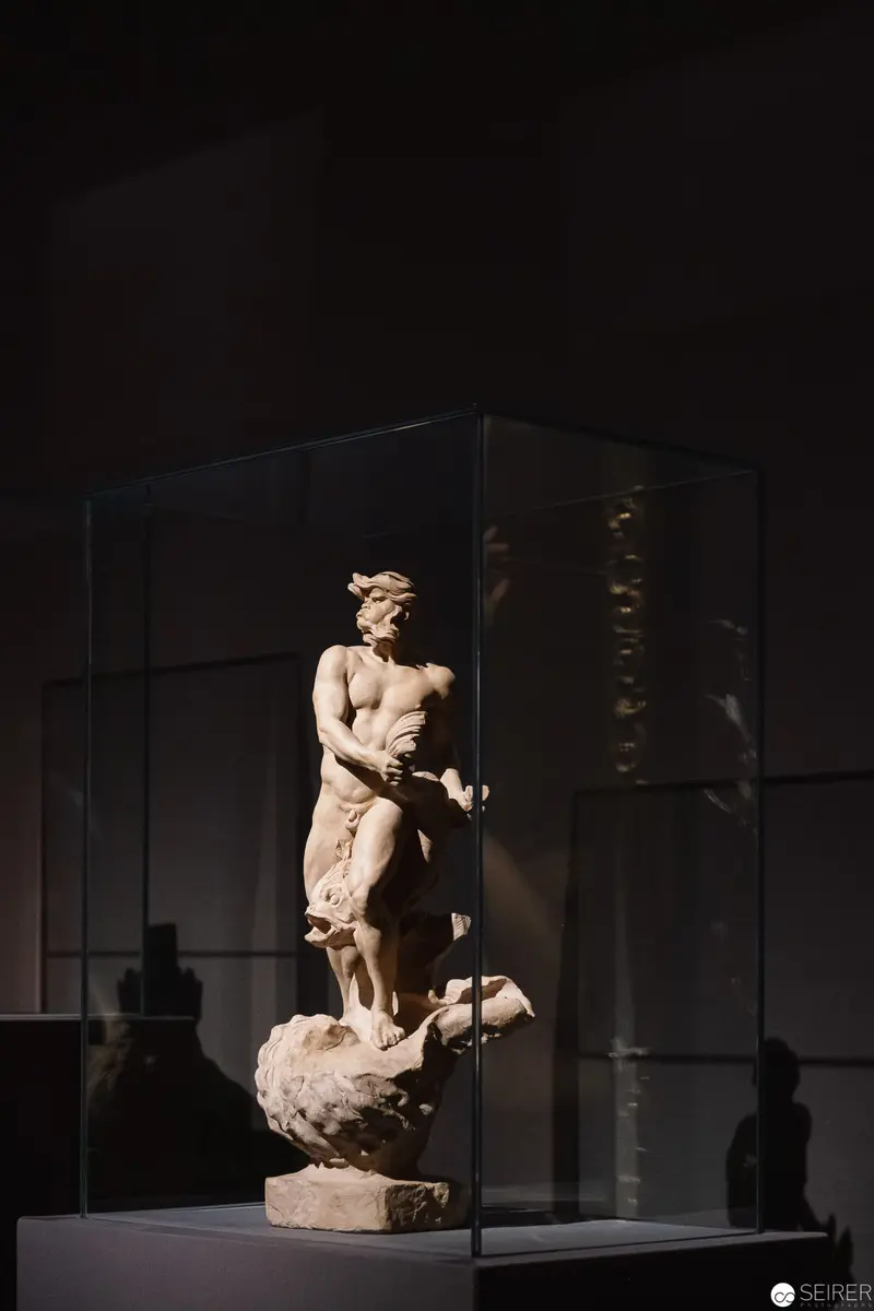 Baroque Sculpture of Dynamic Figure Displayed in Protective Museum Glass Case