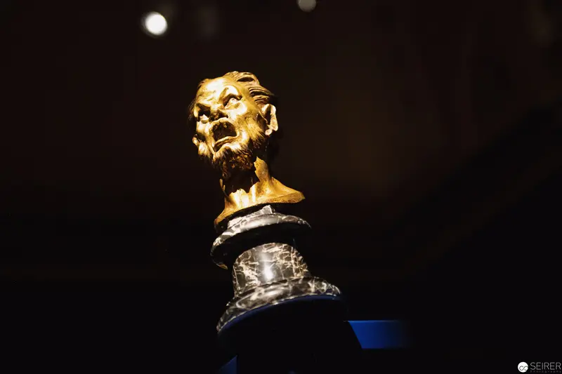 Golden Baroque Sculpture Head on Pedestal from Caravaggio & Bernini Exhibition