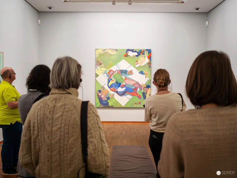 Maria Lassnig "Ways of Being" Exhibition Visitors Contemplating Colorful Abstract Artwork