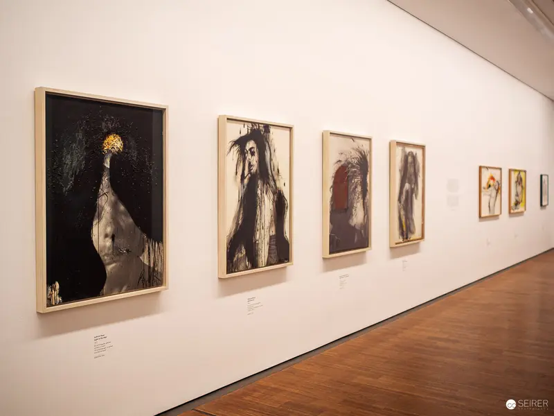 Maria Lassnig Exhibition View at Albertina: Expressive Figurative Artworks in Monochrome