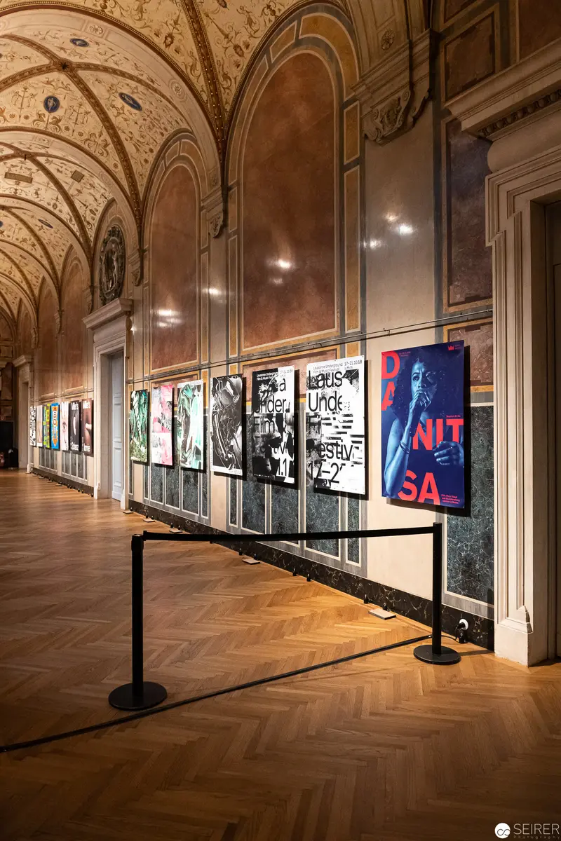 MAK Exhibition Hall with Graphic Art Posters and Vaulted Baroque Ceiling