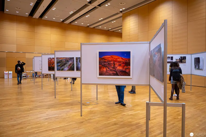 Contemporary Photo Exhibition with Landscape Images in Wooden-Paneled Gallery Space