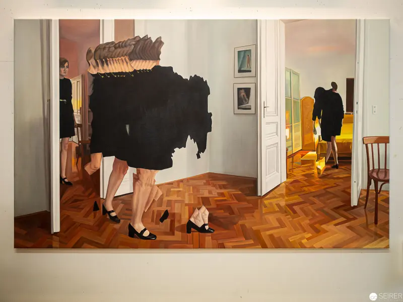 Surreal Interior Scene with Fragmented Figures and Architectural Spaces