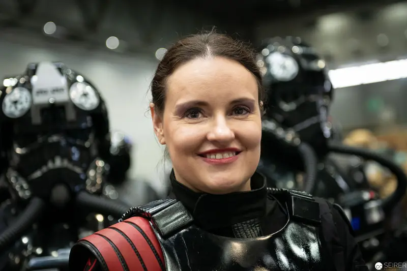 Costumed Attendee in Leather Outfit at Vienna ComicCon 2019 Motorcycle Display
