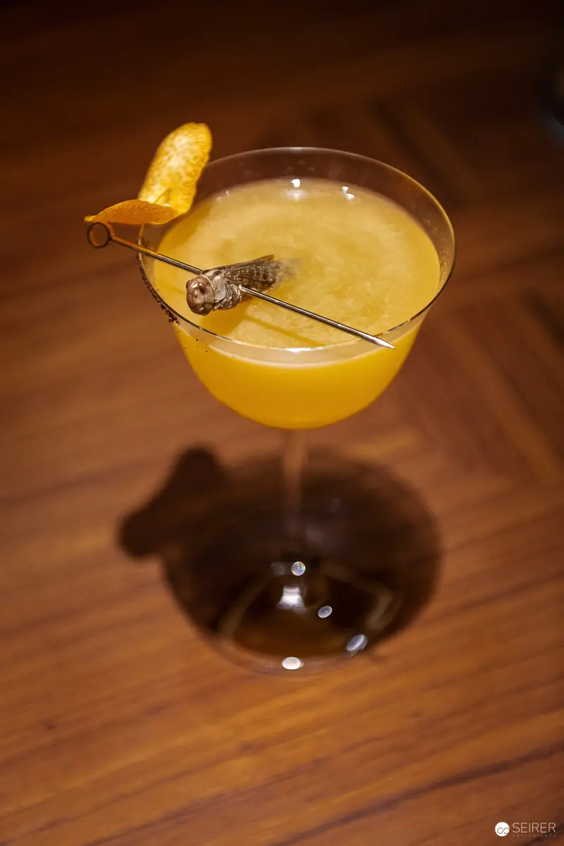 Yellow Cocktail with Insect Garnish in Dramatic Low-Light Composition