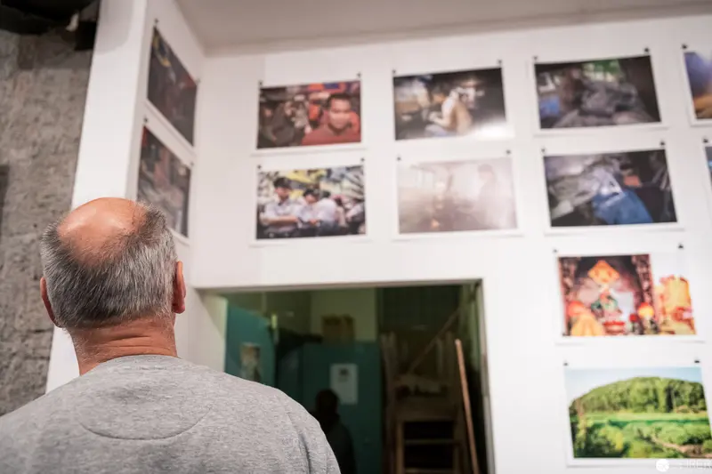 Contemplative Viewer Examining Photographic Exhibition Wall of Documentary Images