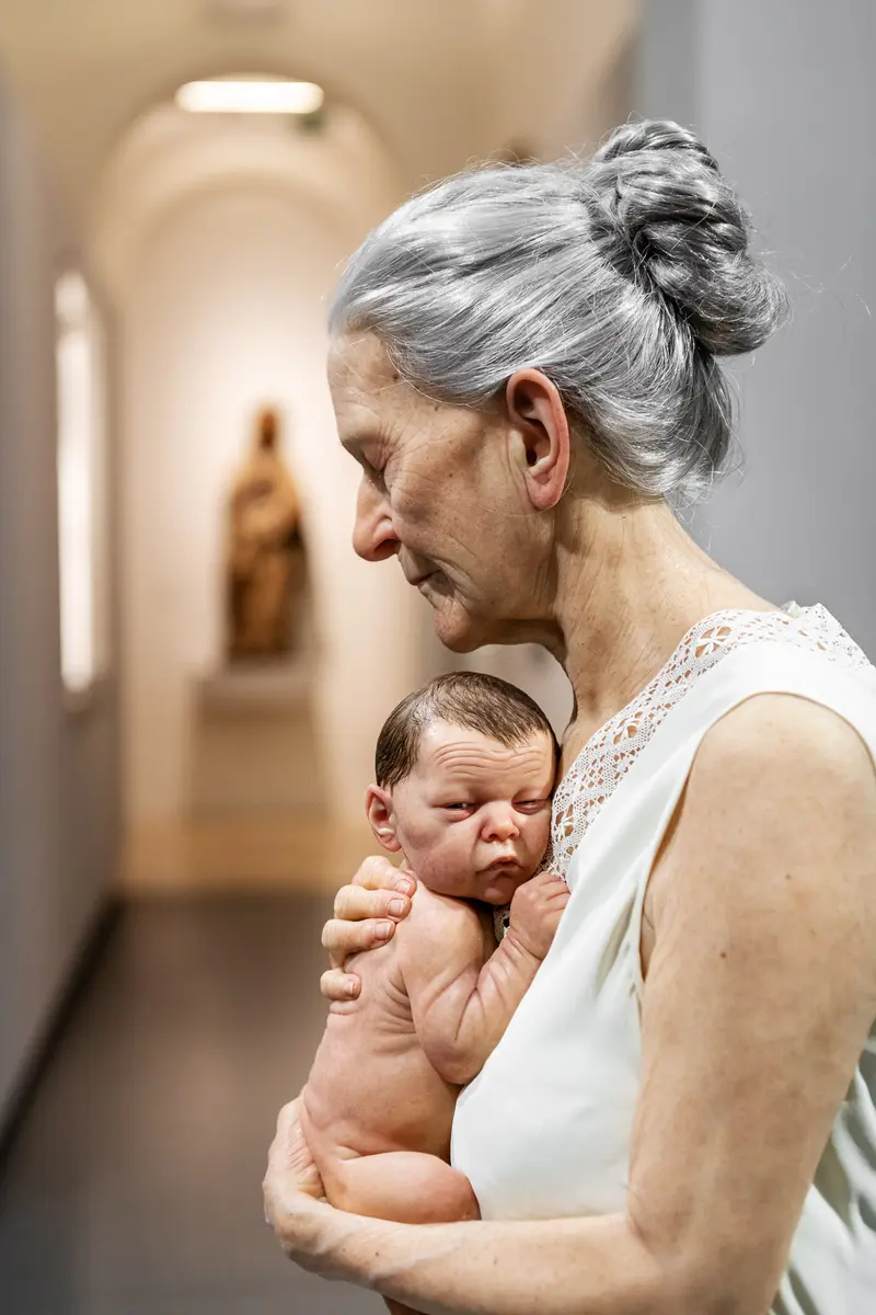 Tender Intergenerational Moment: Silver-Haired Woman Holding Newborn in Museum Hallway