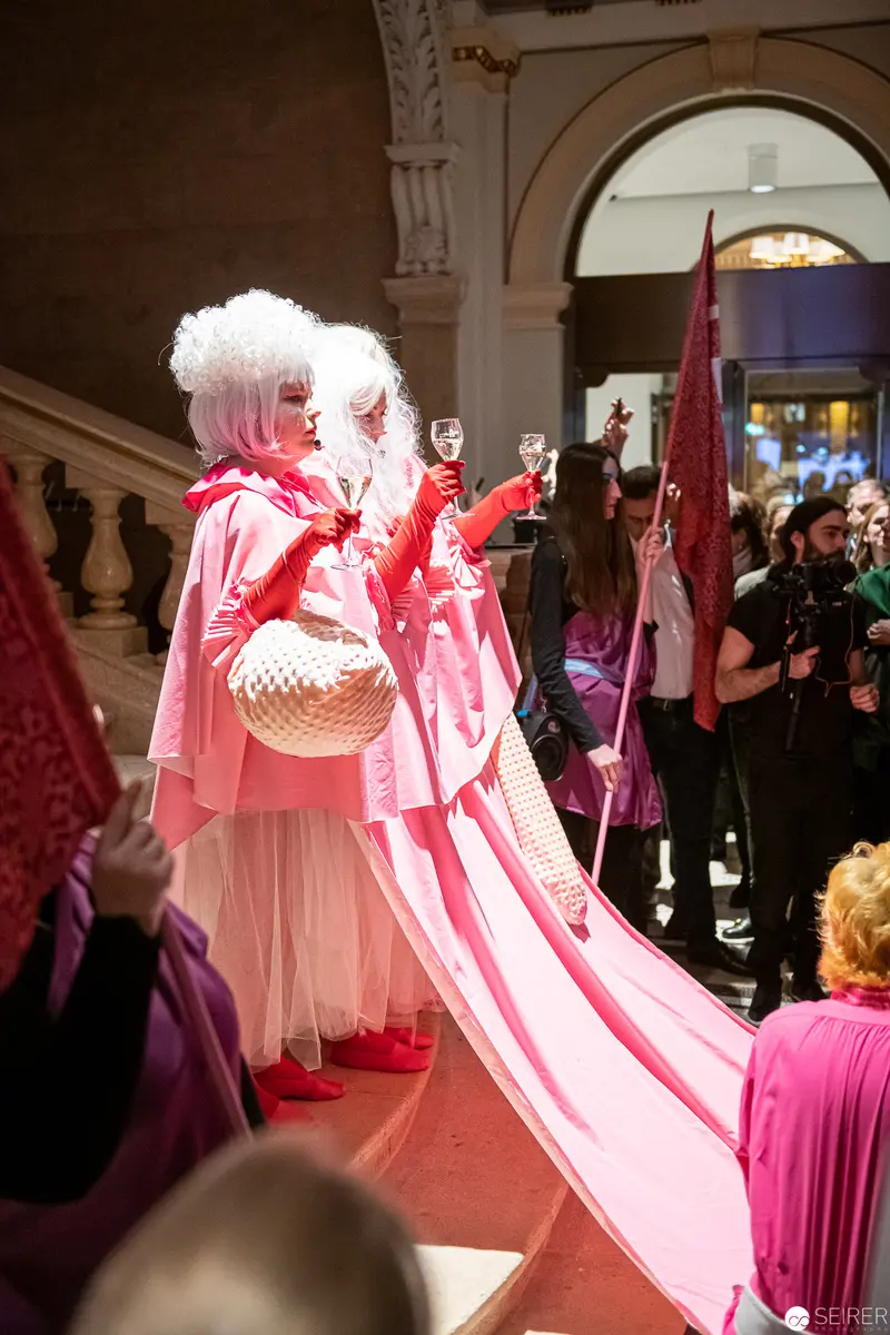 Baroque Pink-Robed Figure Holding Wine Glass at Künstlerhaus Vereinigung Wien ReOpening