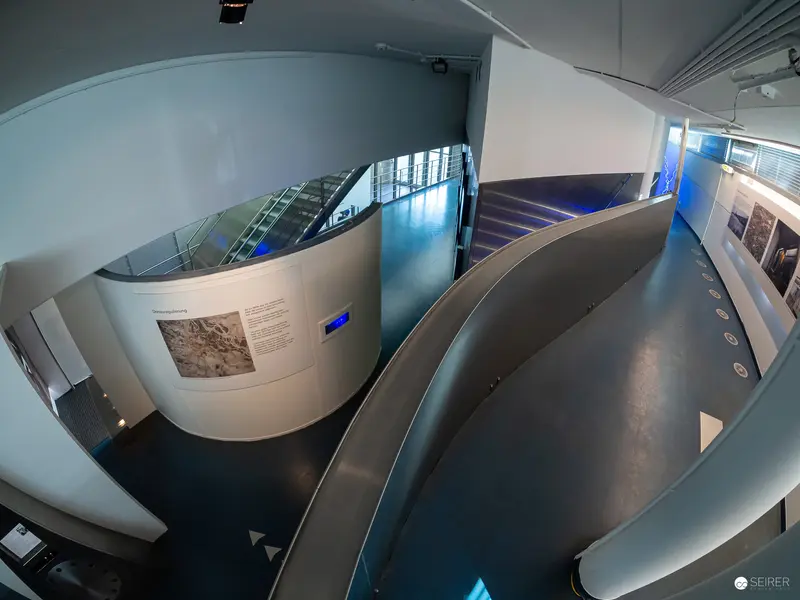 Architectural Interior of Modern Museum with Curved Walls and Exhibit Display