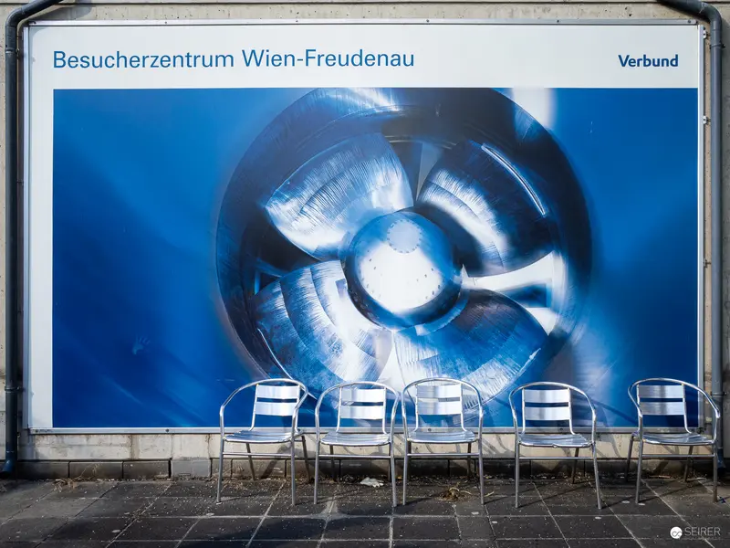 Blue Mechanical Eye at Verbund Visitor Center Wien-Freudenau