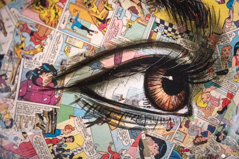 Hyper-Realistic Eye Emerging from Vintage Comic Book Collage Landscape