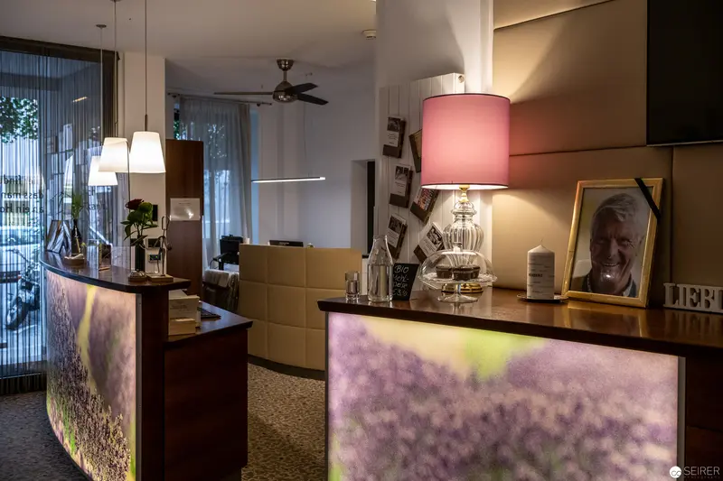 Reception Area at Stadthalle Wien: Lavender-Toned Boutique Hotel Interior