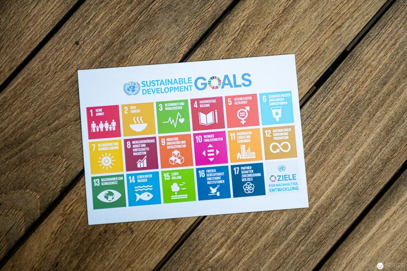 UN Sustainable Development Goals Infographic Displayed on Wooden Surface
