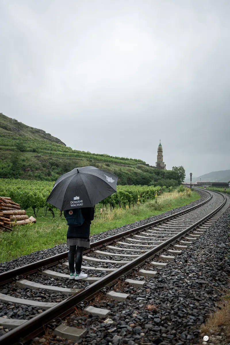 Solitary Figure with Umbrella on Wachau Railway Tracks During Overcast Day