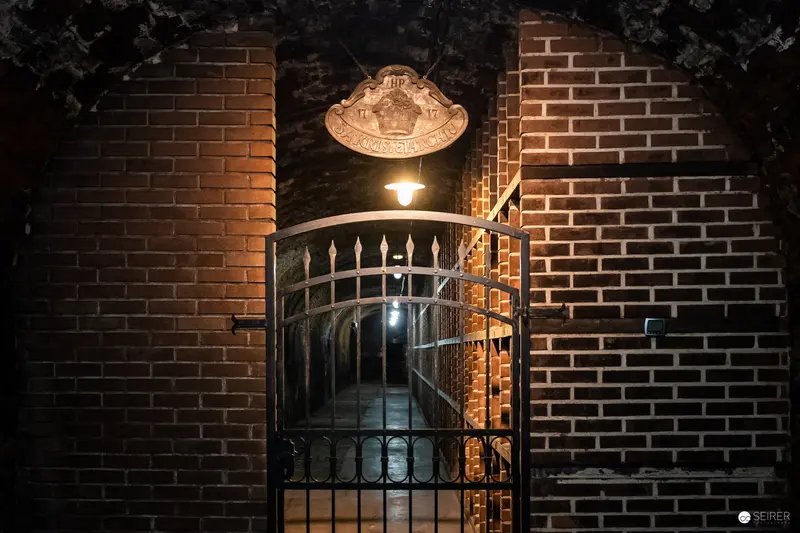 Ornate Iron Gate Illuminated by Vintage Lamp at Historic Brick Entrance