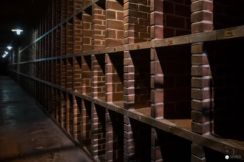Brick Corridor of Archival Cells in Dimly Illuminated Institutional Space