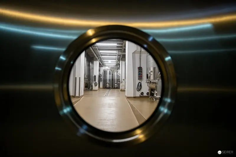 Industrial Interior Through Circular Portal at Domäne Wachau Winery