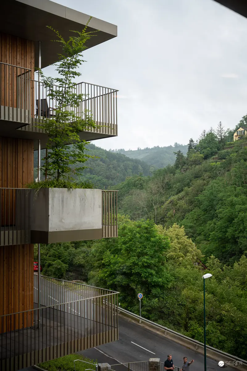 Modern Architectural Perspective of Multilevel Building Overlooking Forested Landscape