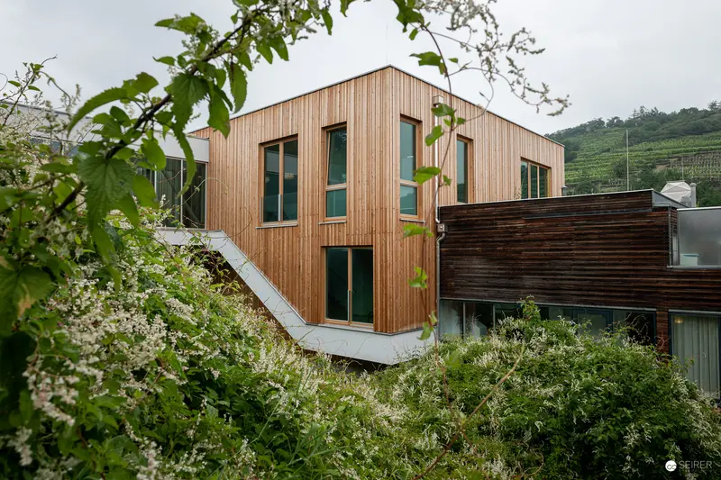 Contemporary Wooden Structure Nestled in Verdant Hillside Landscape
