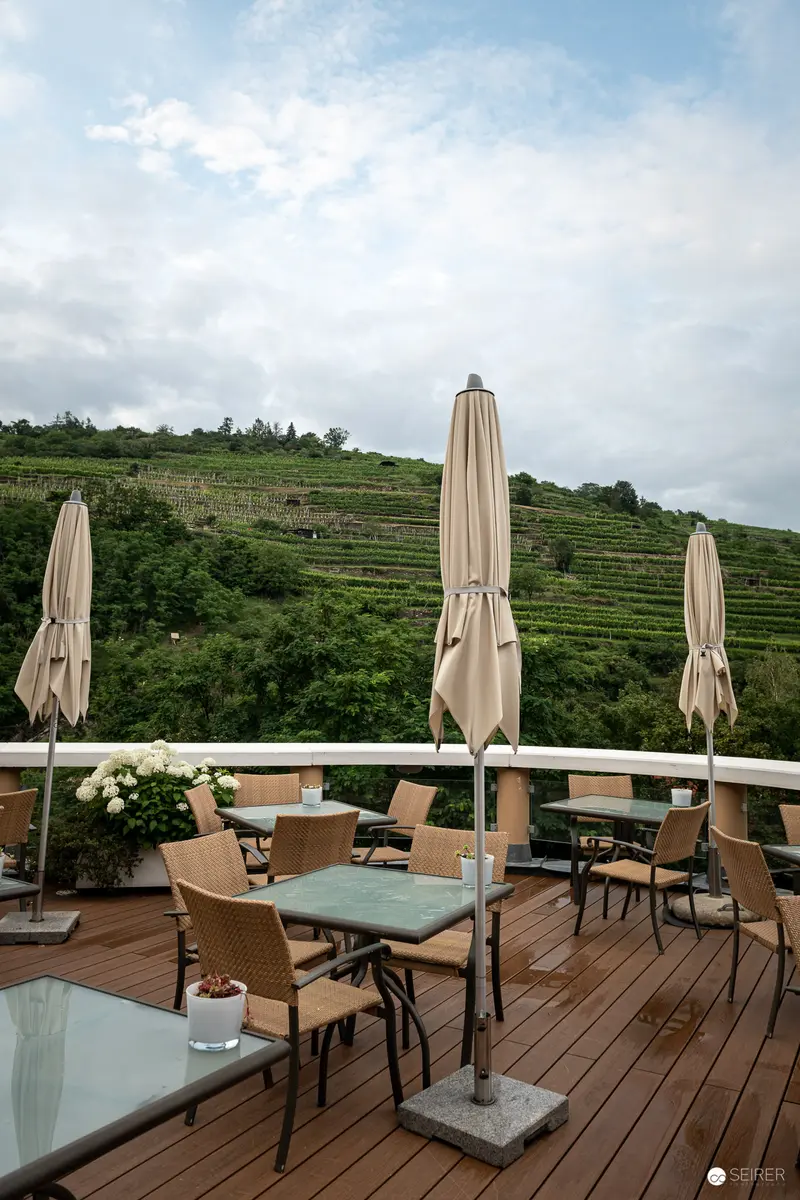 Outdoor Terrace with Umbrellas Overlooking Verdant Vineyard Landscape