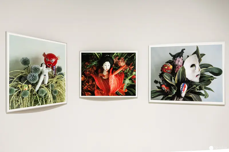 Surreal Photographic Triptych with Masked Figures and Botanical Elements