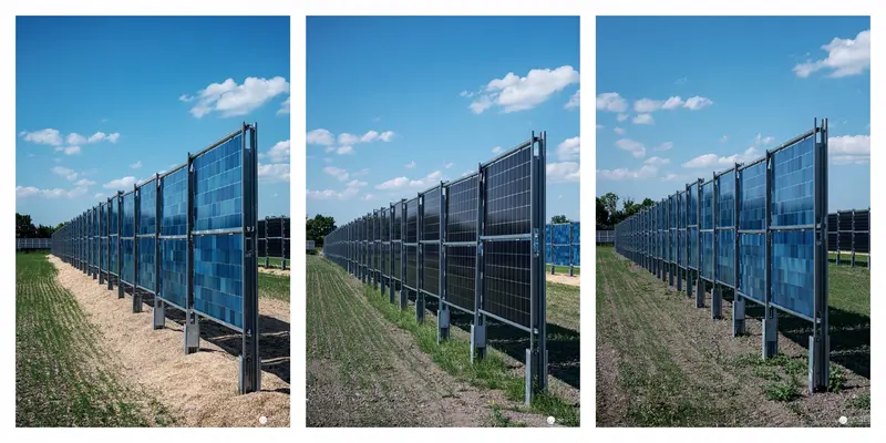 Agricultural Solar Panel Array in Geometric Triptych Landscape Sequence