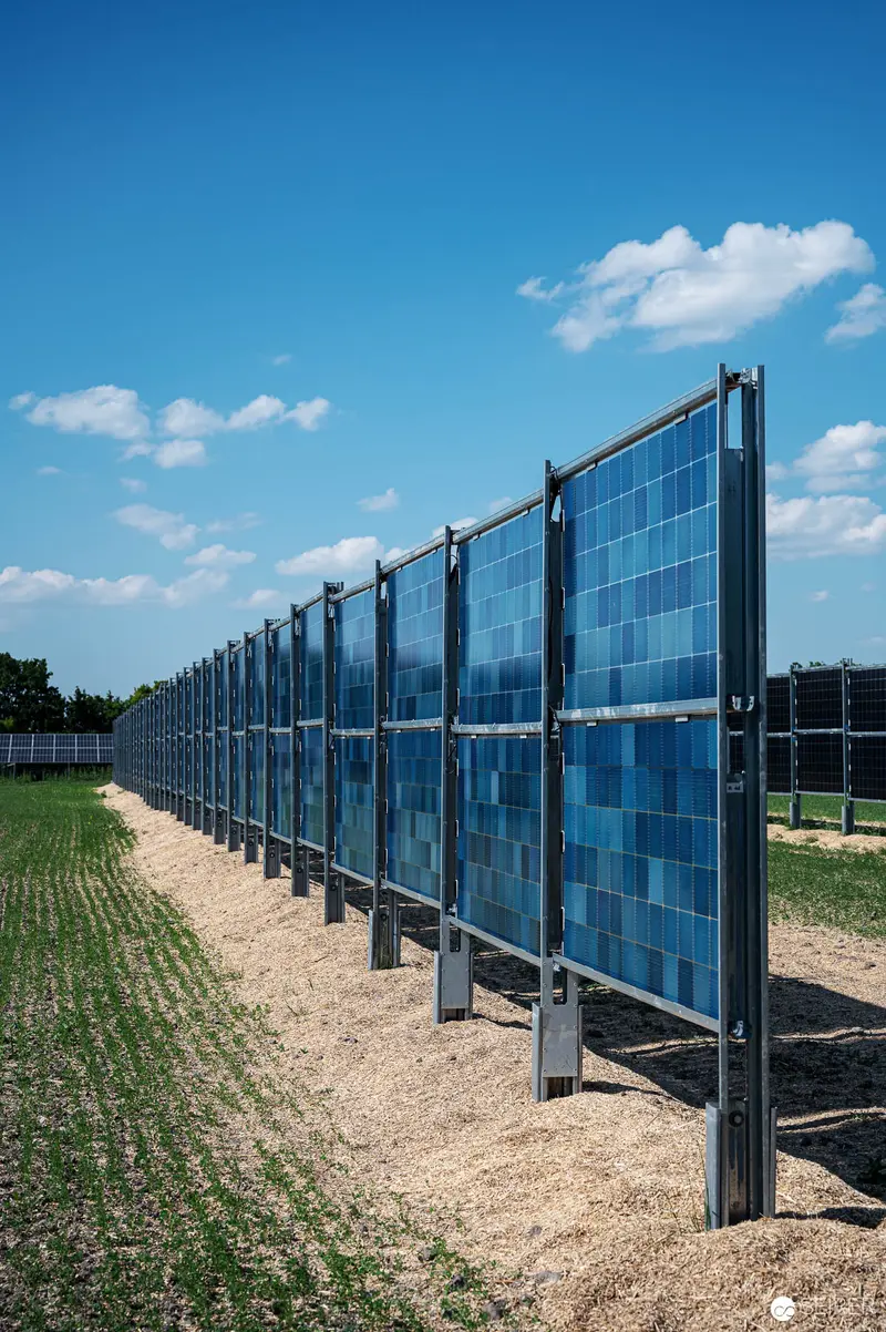 Blue Solar Panel Fence Stretching Along Agricultural Landscape