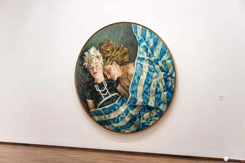 Xenia Hausner's "True Lies": Intertwined Figures in Blue-Striped Embrace