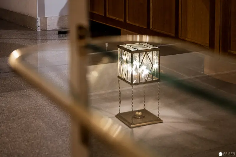 Luminous Lantern on Marble Floor with Architectural Interior Detail