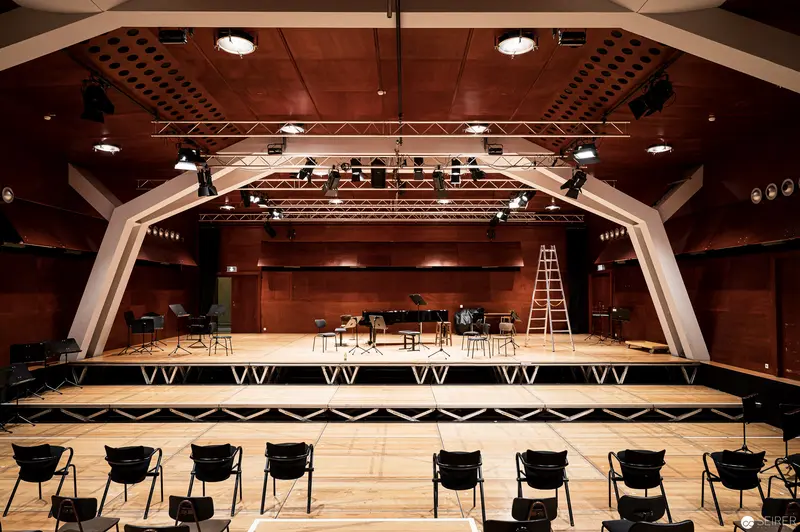 Konzerthaus Wien Backstage: Empty Stage with Lighting and Instruments Prepared