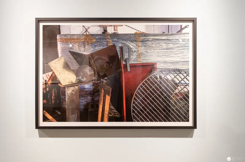 Abstract Geometric Composition with Industrial Elements in Framed Artwork