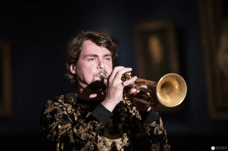 Trumpet Musician in Ornate Gold and Black Brocade Jacket at Kunsthistorisches Museum