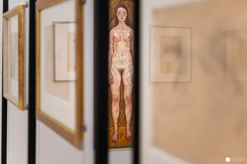 Nude Figure Framed Between Gallery Artworks at Landesgalerie Niederösterreich