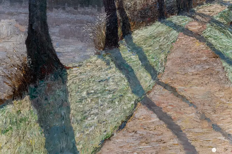 Impressionist Landscape with Trees and Shadows on Textured Ground