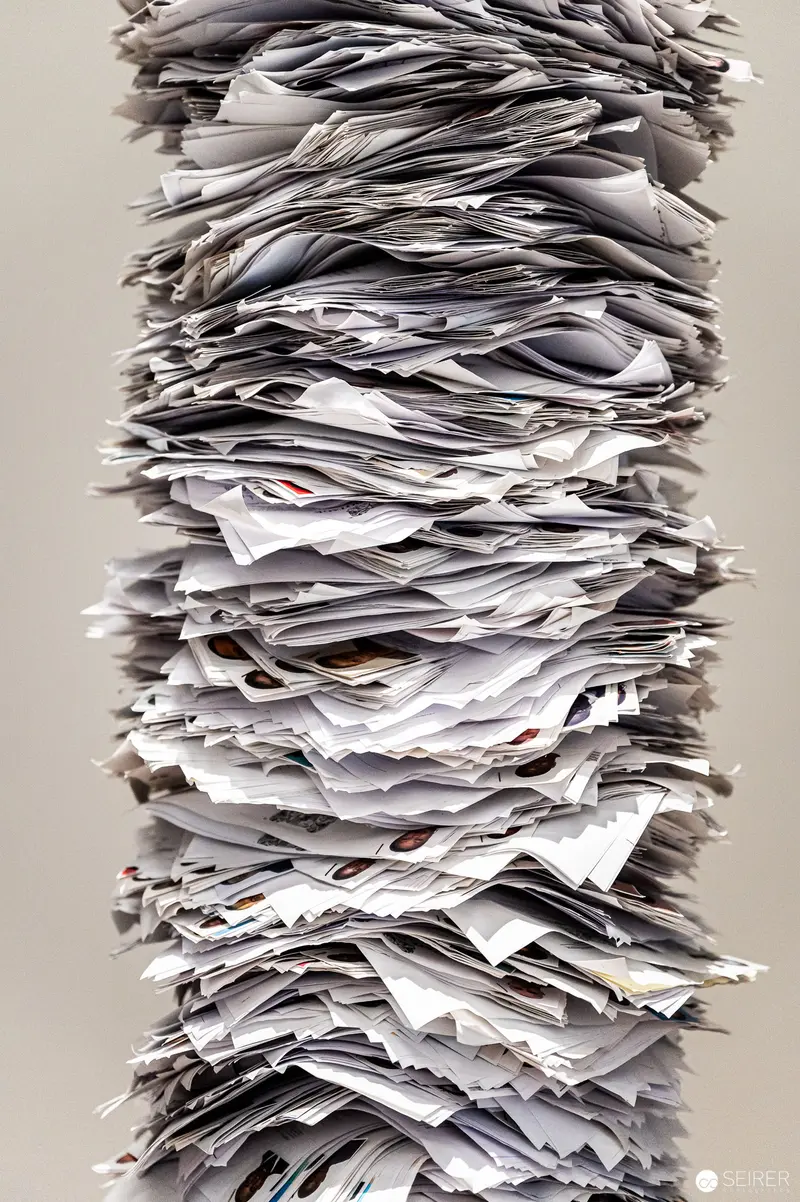 Towering Stack of Scattered and Layered Documents in Monochromatic Grayscale