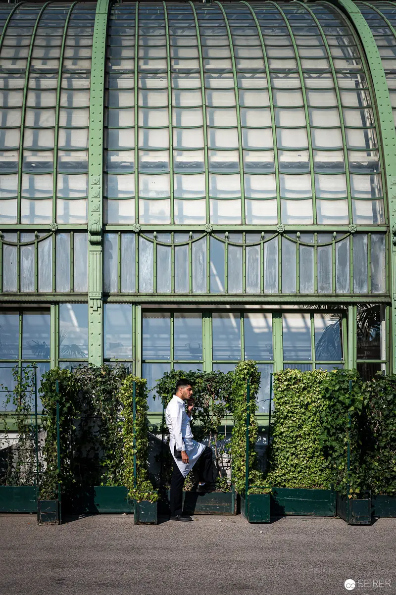 Person Standing Among Ivy-Covered Greenhouse with Arched Glass Roof in Vienna