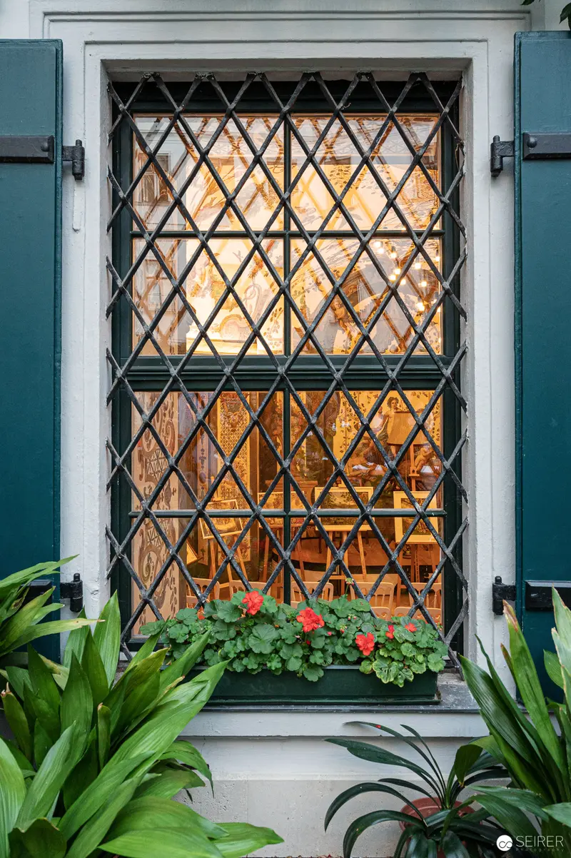 Ornate Window with Diamond-Patterned Leaded Glass and Potted Flowers