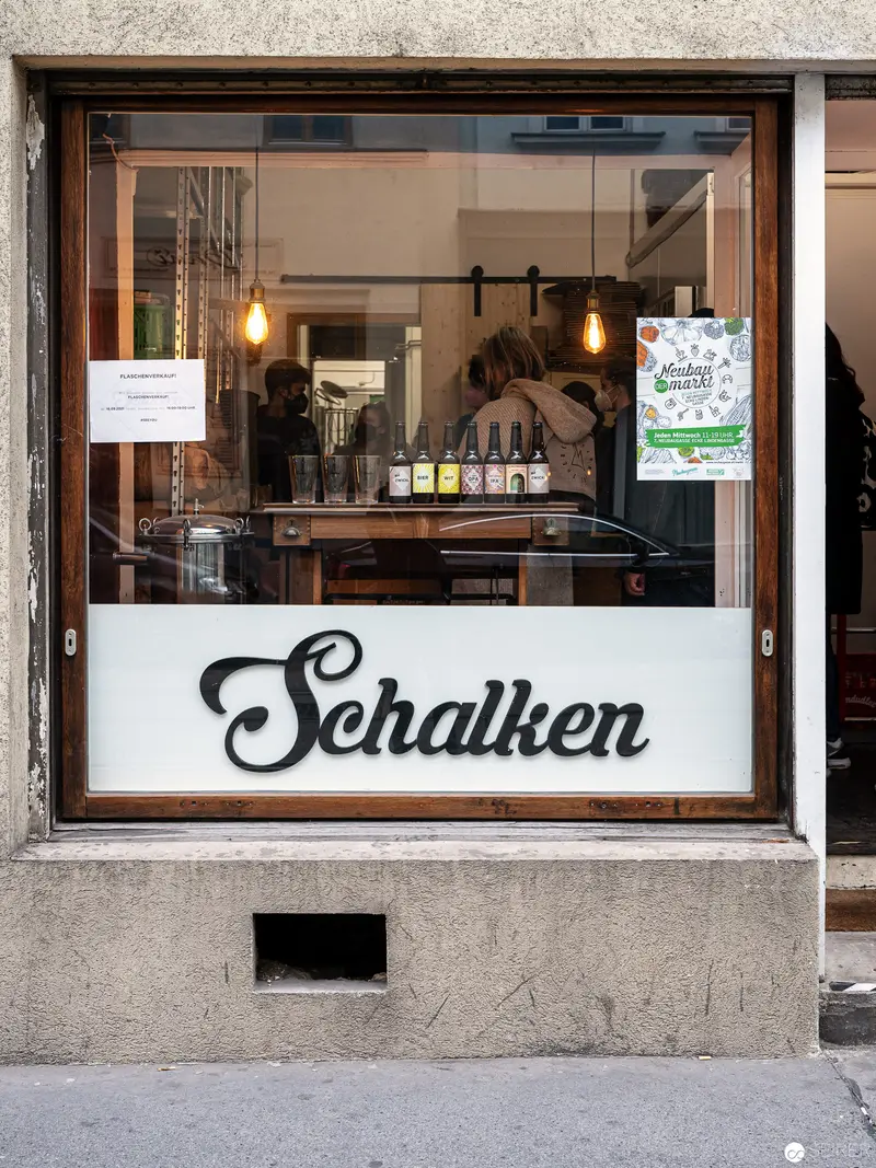 Schalken Storefront Window in Ottakring, Vienna Brewery Exterior